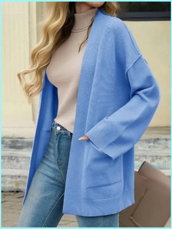 Oversized Cardigan with Pockets, Long Sleeve Open Front Shawl Sweater - Picture 6 of 7